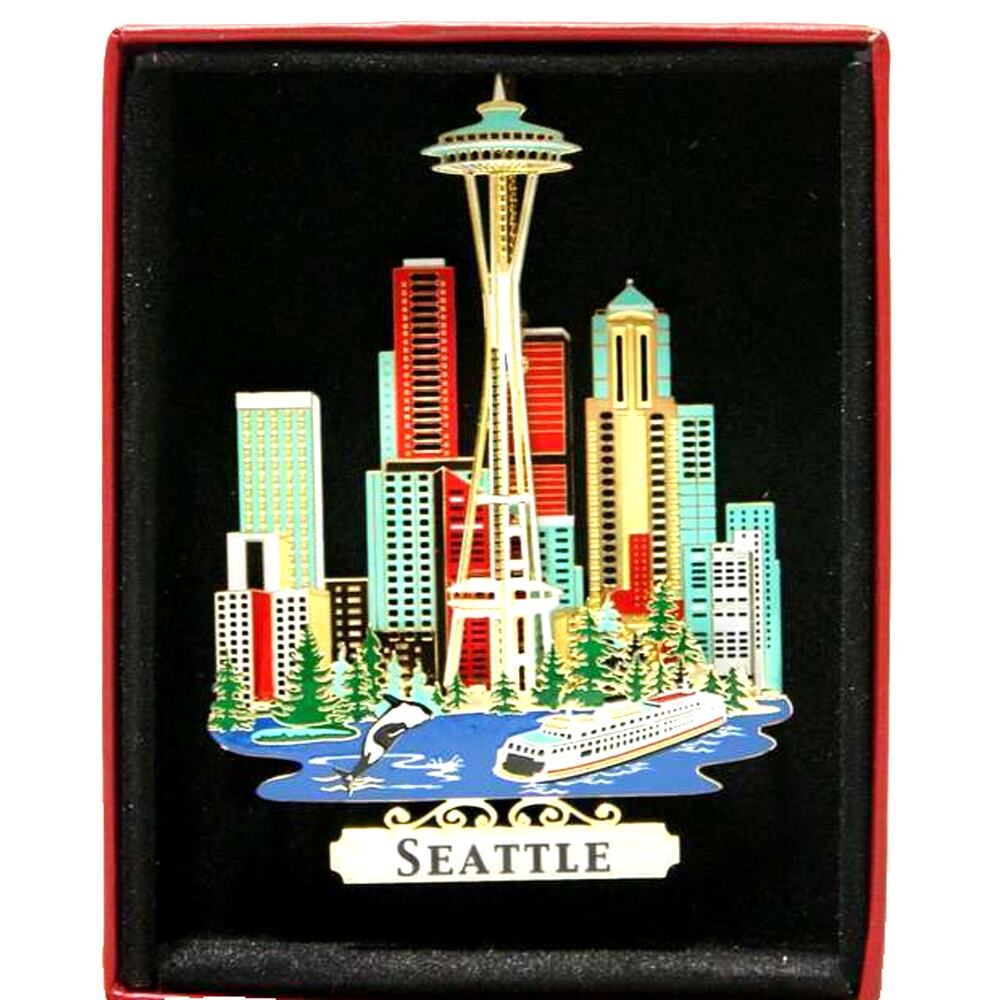 Seattle Washington Ornament, City Skyline Space Needle Ferry Whale Color Brass